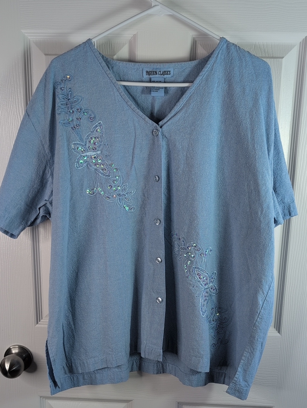 Women’s Light Blue Embellished Butterflies Button-Front Shirt Size XXXL